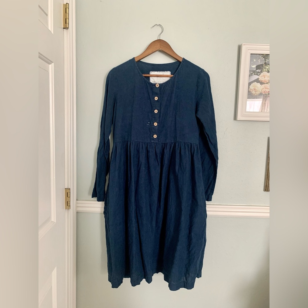 Linen loose MAMA dress in MIDI length / with long sleeves and front buttons S